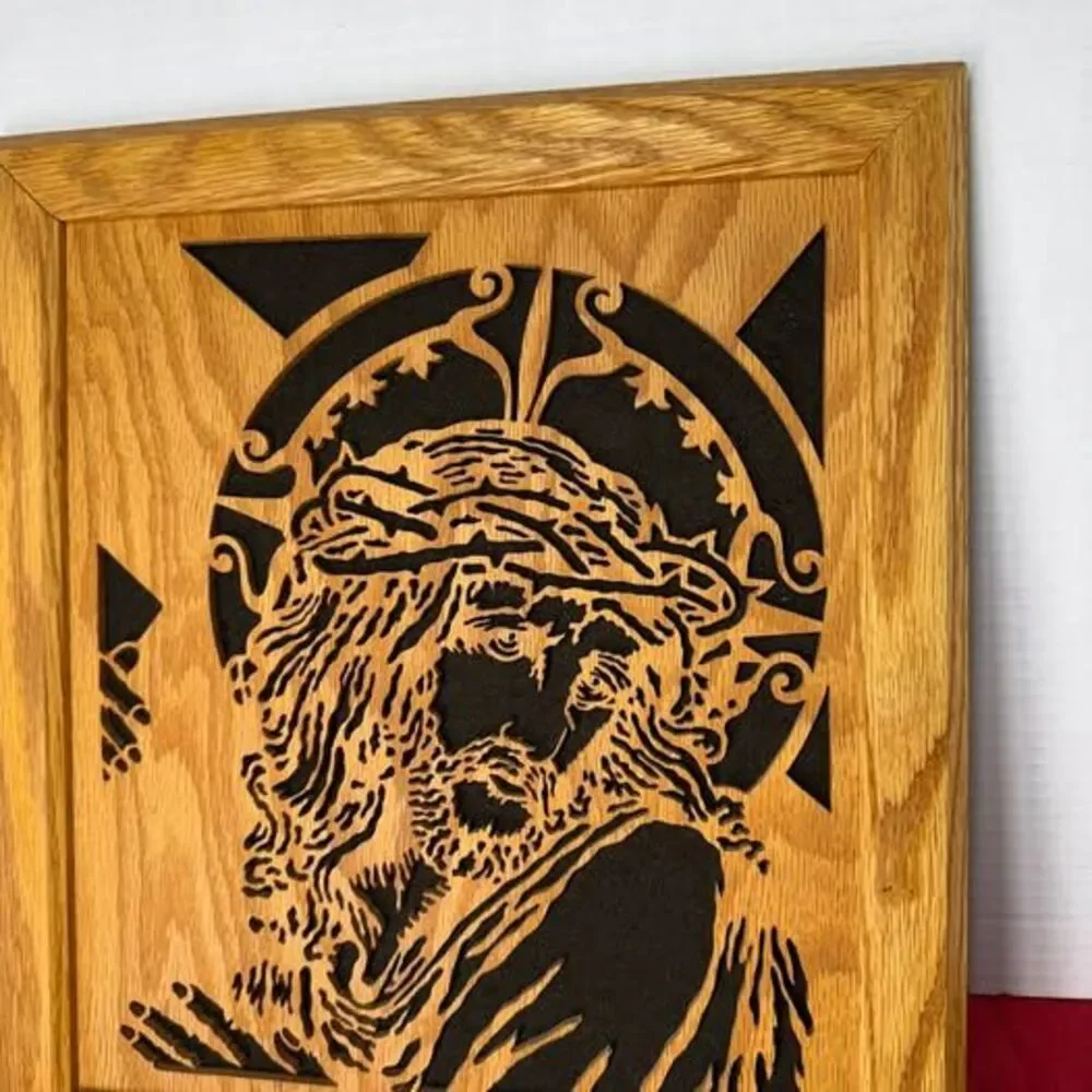 Handcrafted Wooden Scroll Saw Art - Jesus with Crown of Thorns 13”x14”